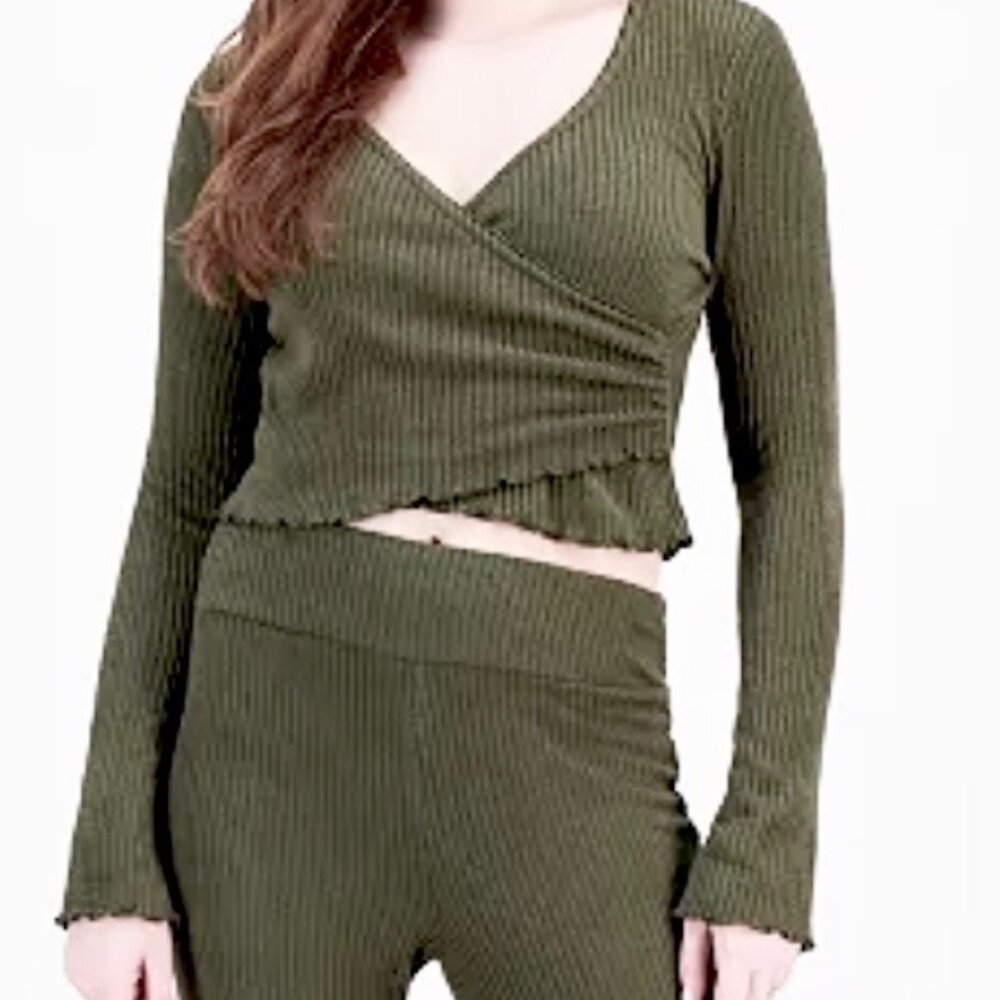 NEW! Planet Heart Faux Wrap Top Ribbed Long Sleeve Camo/Olive Green V-Neck Small